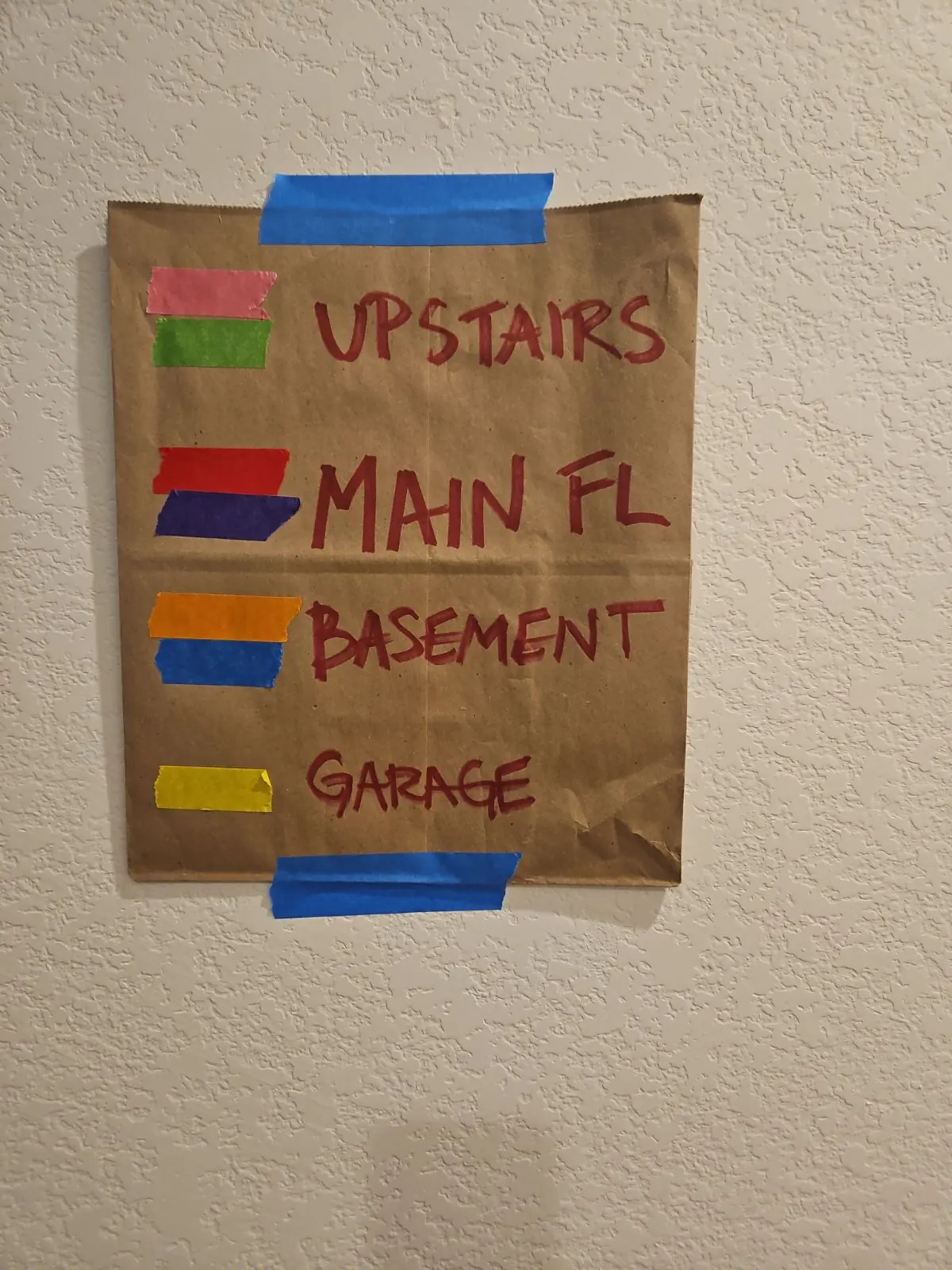 Handwritten moving label key with colors for upstairs, main floor, basement and garage